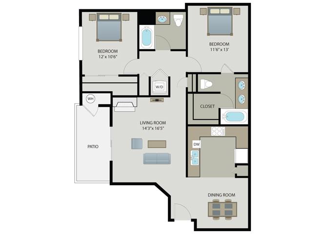 Floor plan for 2 beds, 2 baths, 1154 sqft