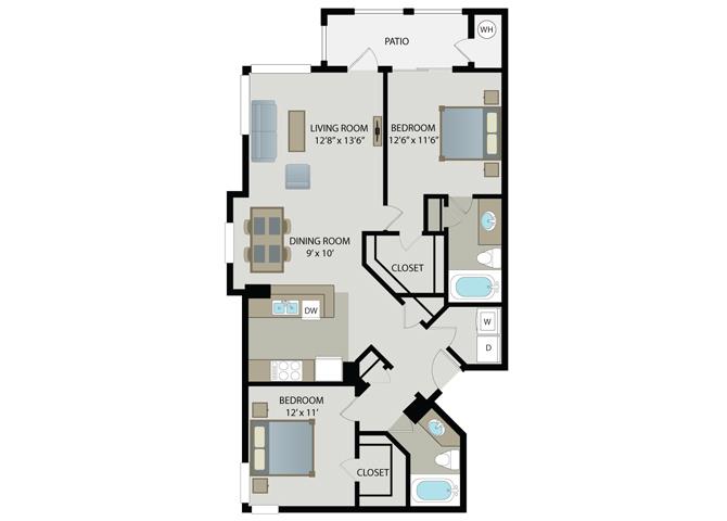 Floor plan for 2 beds, 2 baths, 1096 sqft