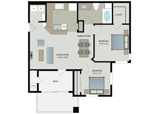 Floor plan for 2 beds, 1 bath, 866 sqft