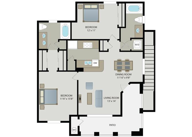 Floor plan for 2 beds, 2 baths, 1029 sqft
