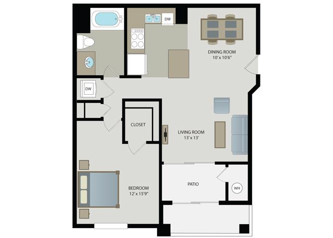 Floor plan for 1 bed, 1 bath, 758 sqft