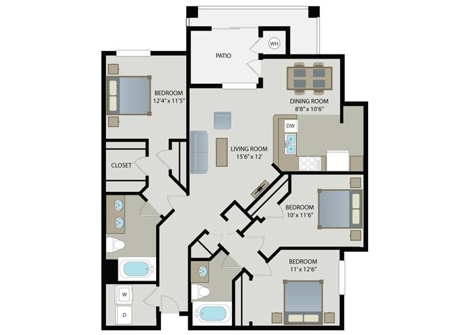 Floor plan for 3 beds, 2 baths, 1334 sqft