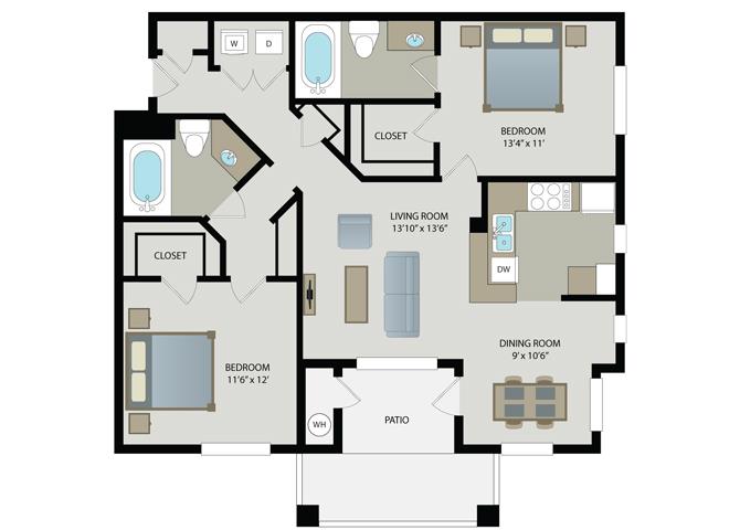 Floor plan for 2 beds, 2 baths, 1047 sqft