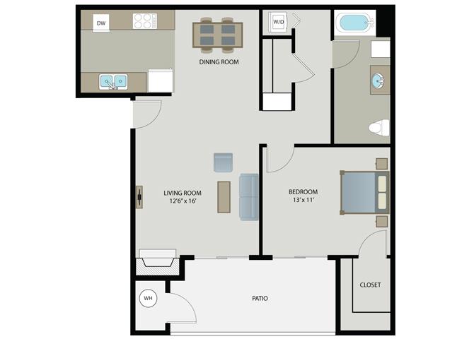 Floor plan for 1 bed, 1 bath, 802 sqft