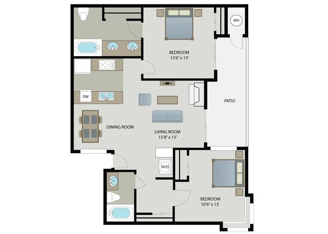 Floor plan for 2 beds, 2 baths, 1109 sqft