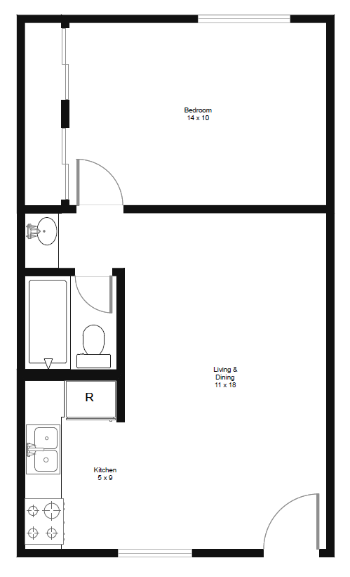 Floor plan for 1 bed, 1 bath, 450 sqft