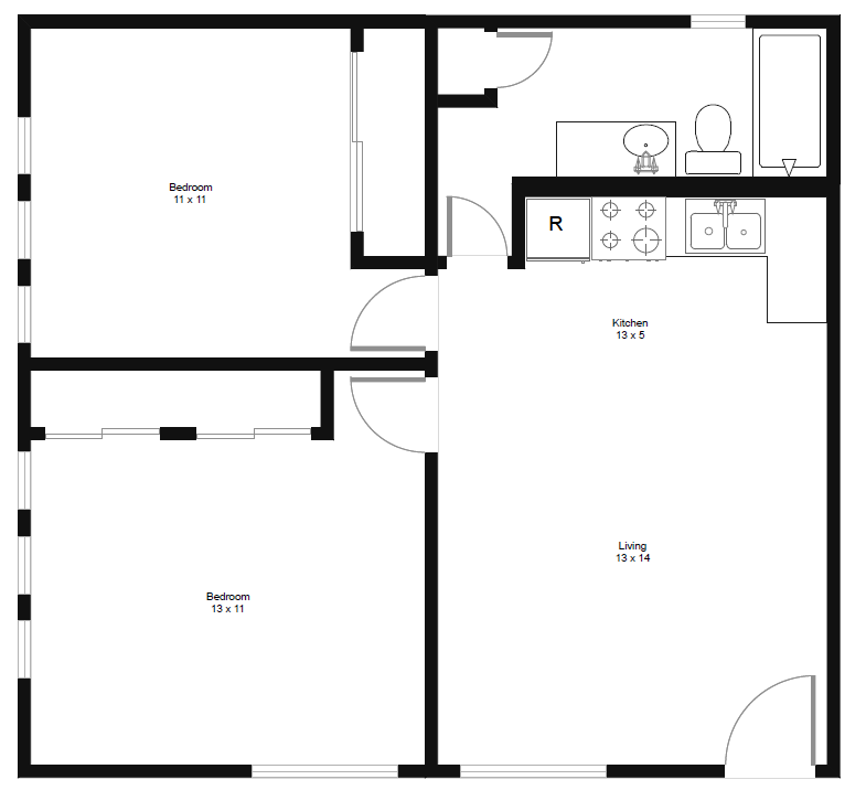 Floor plan for 2 beds, 1 bath, 750 sqft