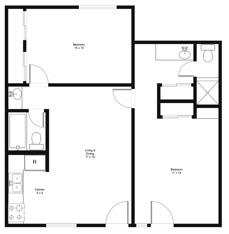 Floor plan for 2 beds, 2 baths, 924 sqft
