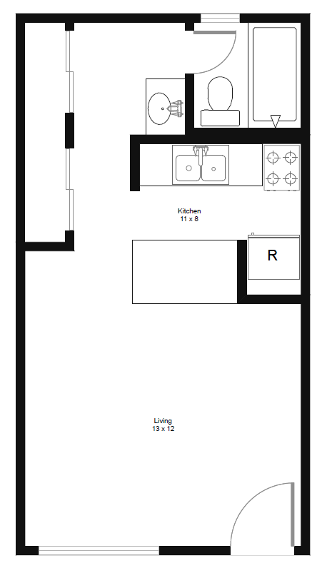 Floor plan for studio, 1 bath, 300 sqft