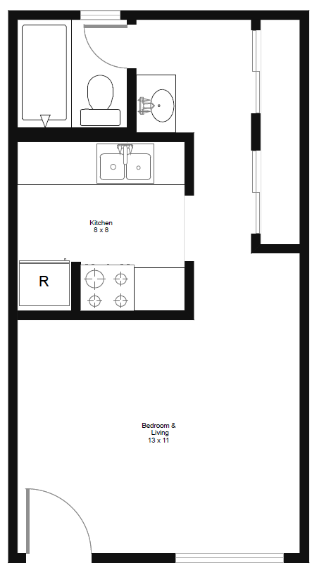 Floor plan for studio, 1 bath, 300 sqft