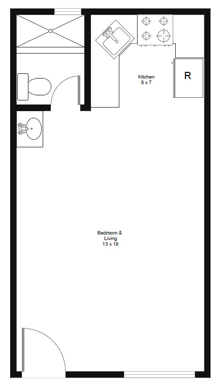 Floor plan for studio, 1 bath, 314 sqft