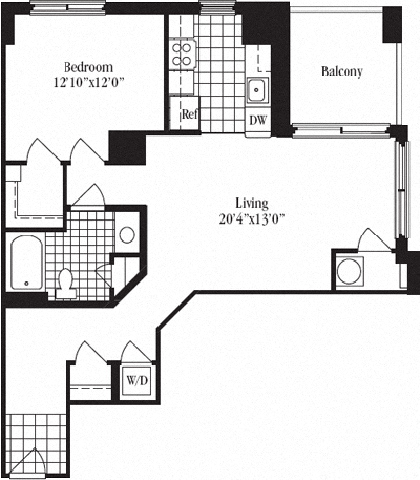 Floor plan for 1 bed, 1 bath, 839 sqft