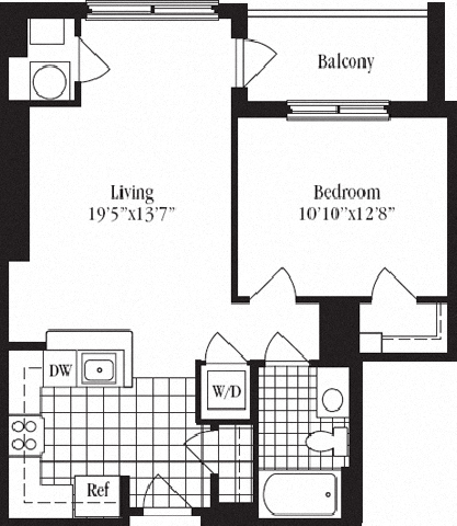 Floor plan for 1 bed, 1 bath, 730 sqft