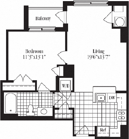 Floor plan for 1 bed, 1 bath, 738 sqft