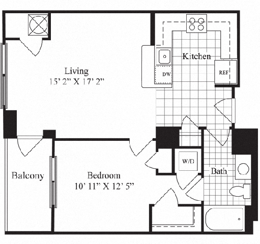 Floor plan for 1 bed, 1 bath, 746 sqft