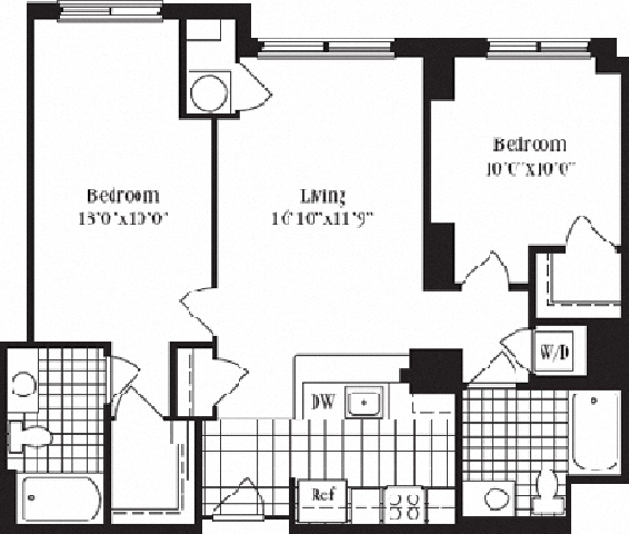 Floor plan for 2 beds, 2 baths, 1038 sqft