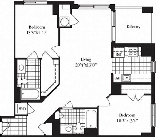 Floor plan for 2 beds, 2 baths, 1100 sqft