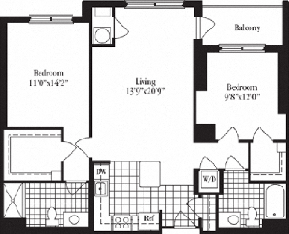 Floor plan for 2 beds, 2 baths, 1122 sqft