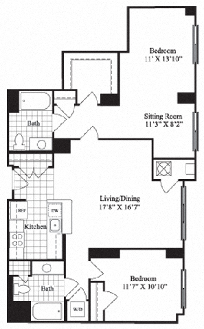 Floor plan for 2 beds, 2 baths, 1231 sqft
