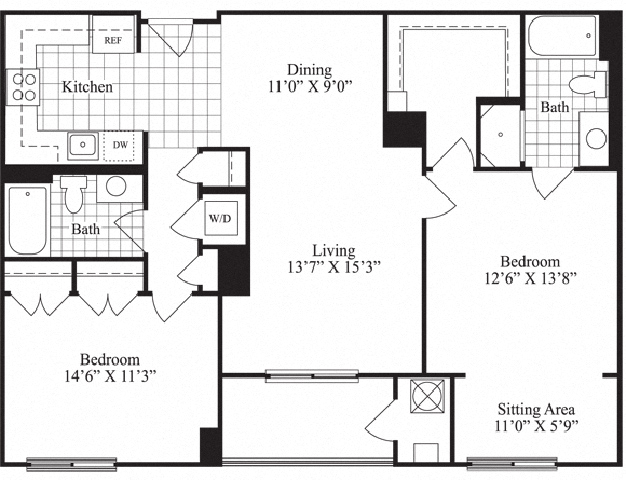 Floor plan for 2 beds, 2 baths, 1250 sqft