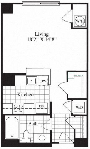 Floor plan for studio, 1 bath, 588 sqft