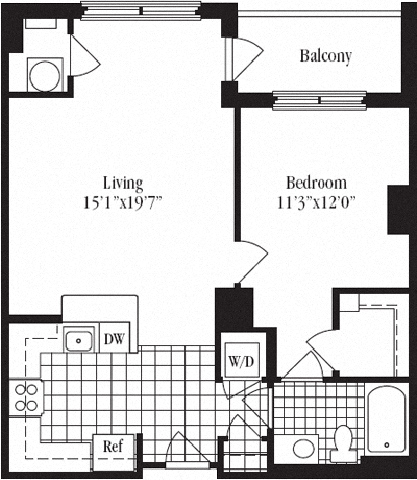 Floor plan for 1 bed, 1 bath, 789 sqft