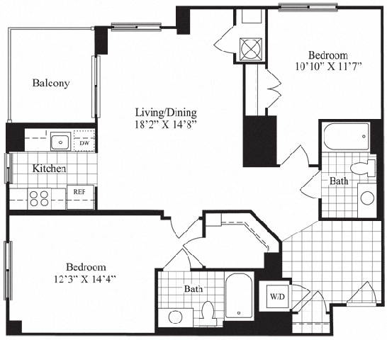 Floor plan for 2 beds, 2 baths, 1185 sqft