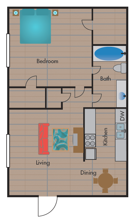 Floor plan for 1 bed, 1 bath, 670 sqft