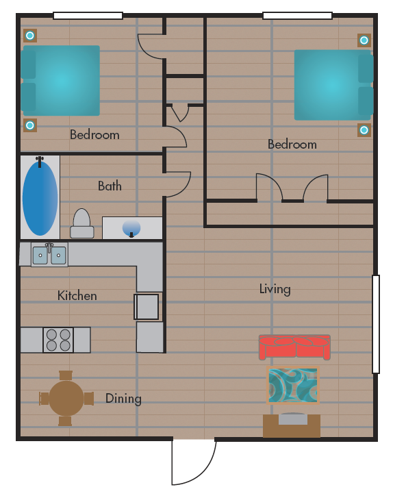 Floor plan for 2 beds, 1 bath, 870 sqft