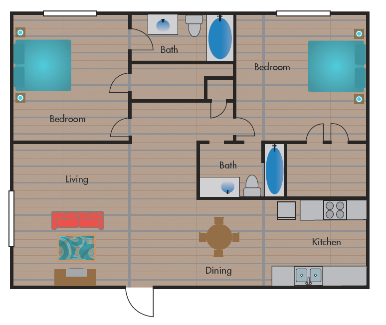 Floor plan for 2 beds, 2 baths, 990 sqft