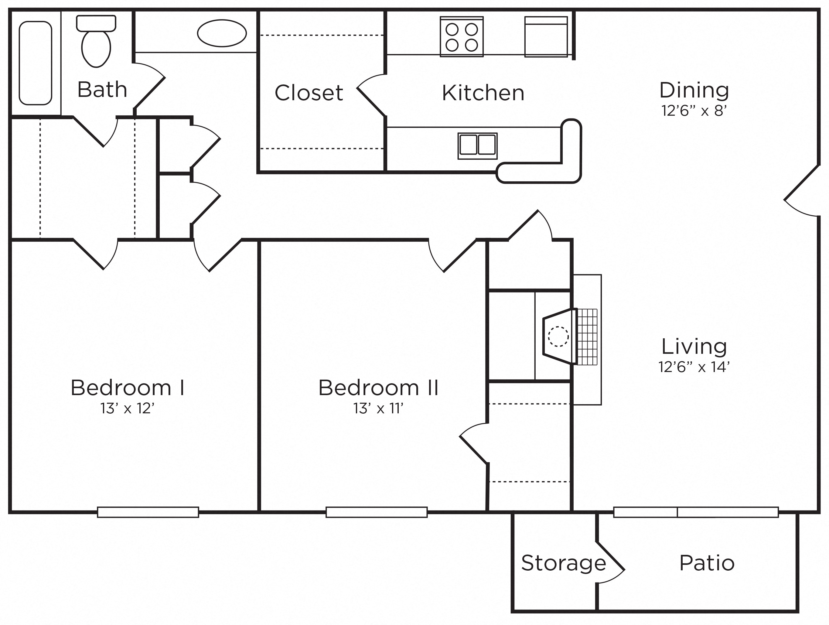 Floor plan for 2 beds, 1 bath, 1065 sqft