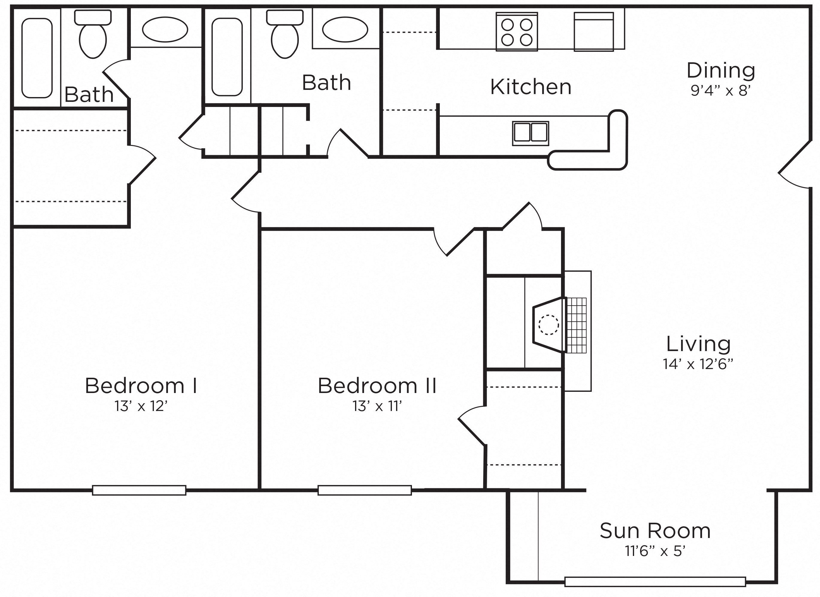 Floor plan for 2 beds, 2 baths, 1140 sqft