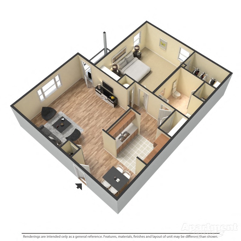 Floor plan for 1 bed, 1 bath, 936 sqft