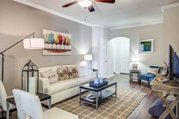 Austin apartment for rent - a living room with a white couch and a tv