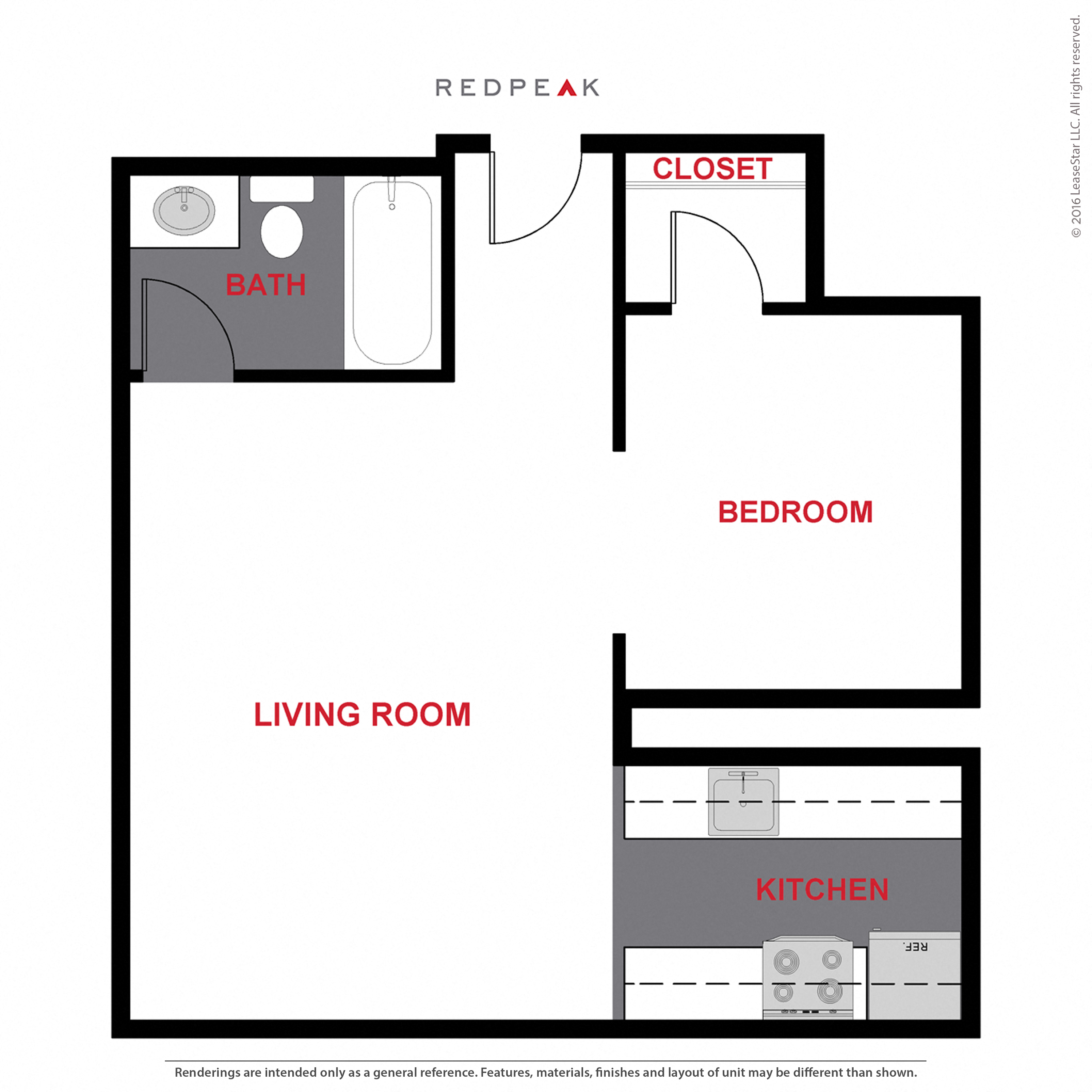 Floor plan for studio, 1 bath, 486 sqft
