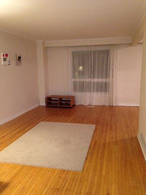 Toronto apartment for rent - A room with a white rug and wooden floors.