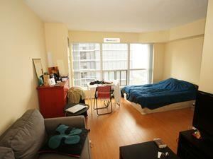 Toronto apartment for rent - A living room with a grey couch and a blue bed.