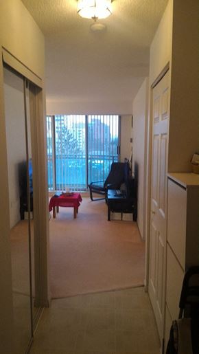 Toronto apartment for rent - A hallway with a table and chairs in the background.