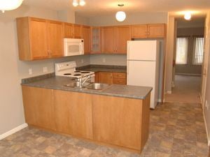 Waterloo apartment for rent - A kitchen with wooden cabinets and a white refrigerator.