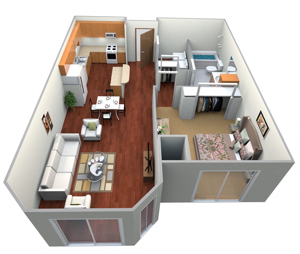 Floor plan for 1 bed, 1 bath, 765 sqft