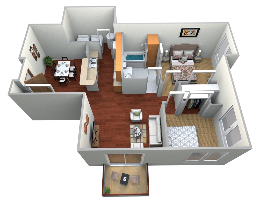 Floor plan for 2 beds, 1 bath, 1056 sqft