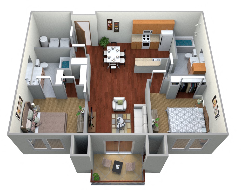 Floor plan for 2 beds, 2 baths, 1070 sqft