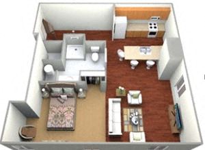 Floor plan for studio, 1 bath, 464 sqft