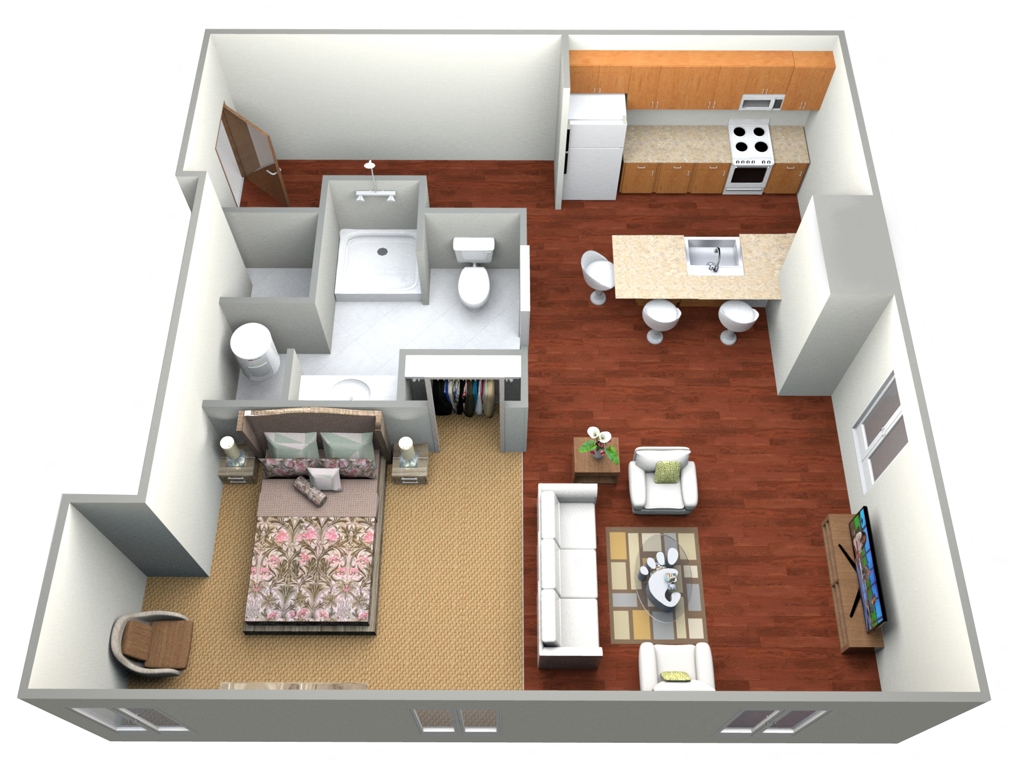 Floor plan for studio, 1 bath, 884 sqft