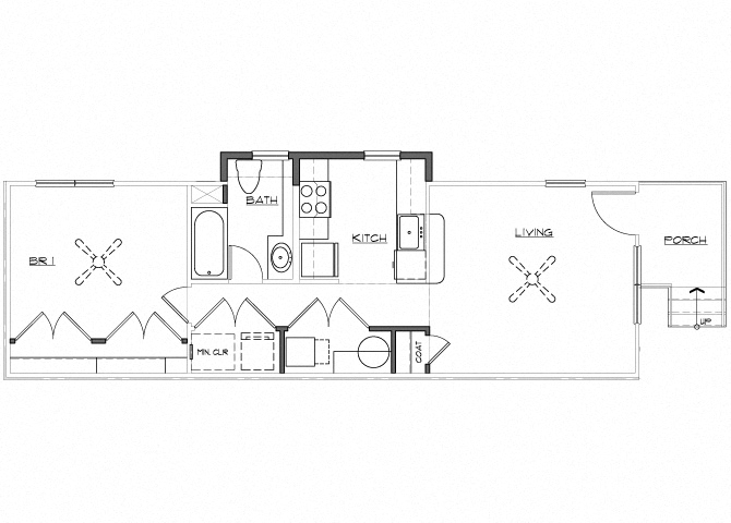 Floor plan for 1 bed, 1 bath, 637 sqft