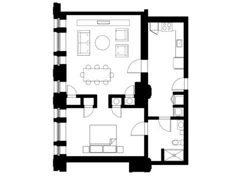 Floor plan for 1 bed, 1 bath, 1103 sqft