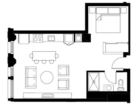 Floor plan for 1 bed, 1 bath, 637 sqft