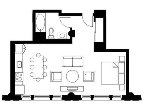 Floor plan for studio, 1 bath, 673 sqft