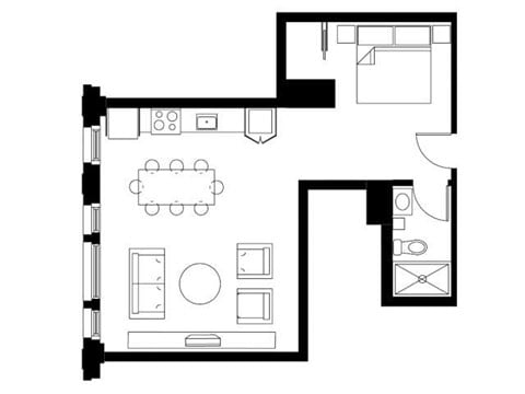 Floor plan for studio, 1 bath, 678 sqft