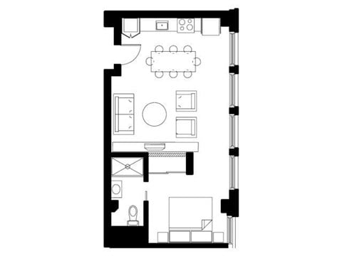 Floor plan for 1 bed, 1 bath, 653 sqft